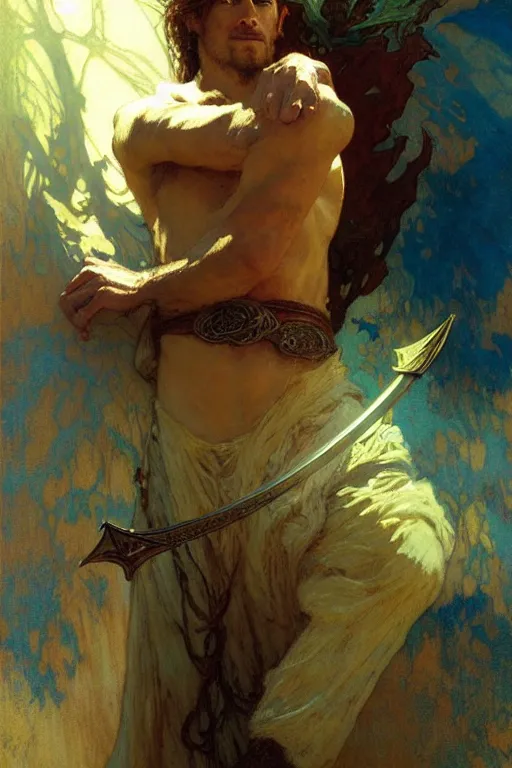 Image similar to attractive man, the lord of the rings, cool colors, painting by gaston bussiere, craig mullins, greg rutkowski, alphonse mucha