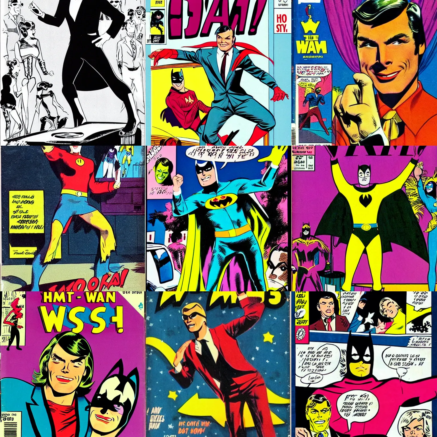 Prompt: Adam West dancing in the style of the 1960s, comic book, hippy
