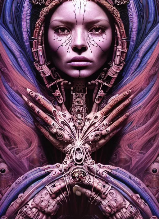 Image similar to masterpiece portrait of an beautiful aztec girl with biomechanical modifications surrounded by chromatic ink pour and flowing liquid complex sacred geometry, powerful, cinematic, dramatic lighting, by elden ring, h. r. giger, beksinski, alphonse mucha, artgerm, donato giancola, tom bagshaw, trending on cgsociety, octane render, 8 k