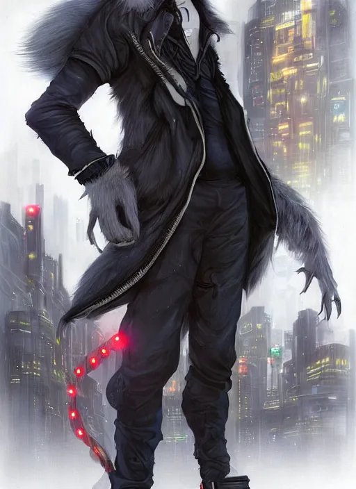 Prompt: award winning beautiful portrait commission art of a male furry anthro albino mountain lion fursona with a tail and a cute beautiful attractive detailed furry face wearing black stylish cyberpunk pants, black stylish cyberpunk boots, red cyberpunk vest in a cyberpunk city at night while it rains. Character design by charlie bowater, ross tran, artgerm, and makoto shinkai, detailed, inked, western comic book art