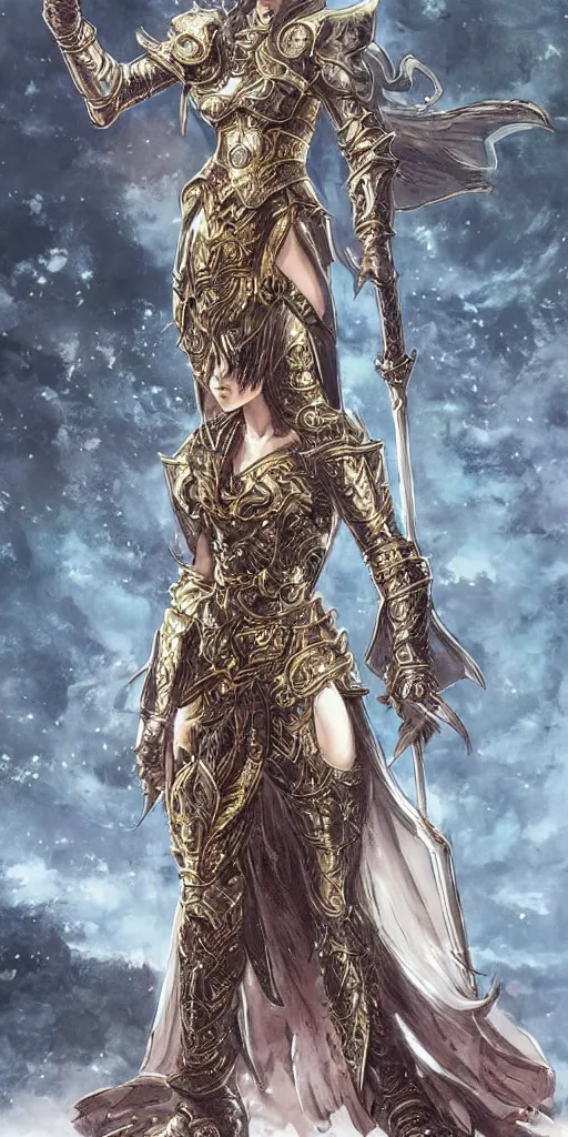 Prompt: an Asian girl wearing glass and gold armour dress, carrying void sword, full body concept art, intricate details, epic light, by Kentaro Miura and Masanori Warugai