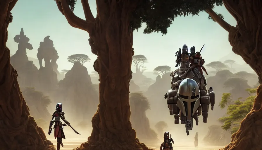 Image similar to mandalorian driving through madagascar with baobabs trees, tribe members chasing for an attach, action scene, an epic fantasy, artgerm and greg rutkowski and alphonse mucha, an epic fantasy, volumetric light, detailed, establishing shot, an epic fantasy, cinematic, photorealistic, ultrarealistic, trending on art station, octane render, midsommar