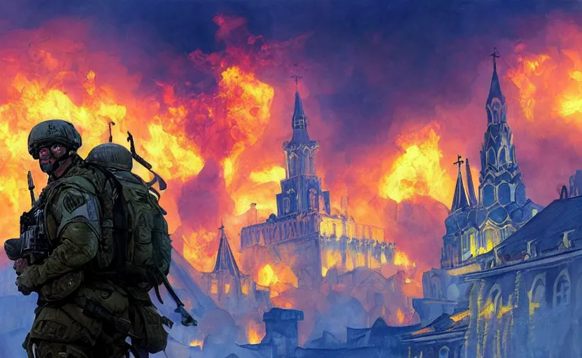 Image similar to special forces soldier with ukrainian blue and yellow shoulder patch watches red square kremlin burn in the background, d & d, fantasy, bright atmosphere, volumetric lights, intricate, elegant, extremely detailed, digital painting, artstation, concept art, matte, smooth, sharp focus, hyper realistic, illustration, art by artgerm and greg rutkowski and alphonse mucha