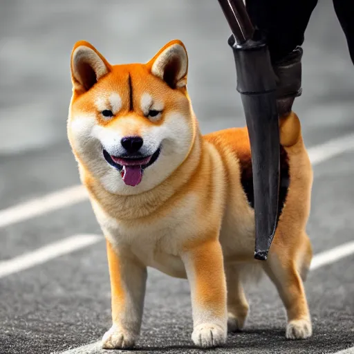 Image similar to close - up photo of shiba inu holding huge mace in paws, standing vertically, ( eos 5 ds r, iso 1 0 0, f / 8, 1 / 1 2 5, 8 4 mm, postprocessed, sharp )