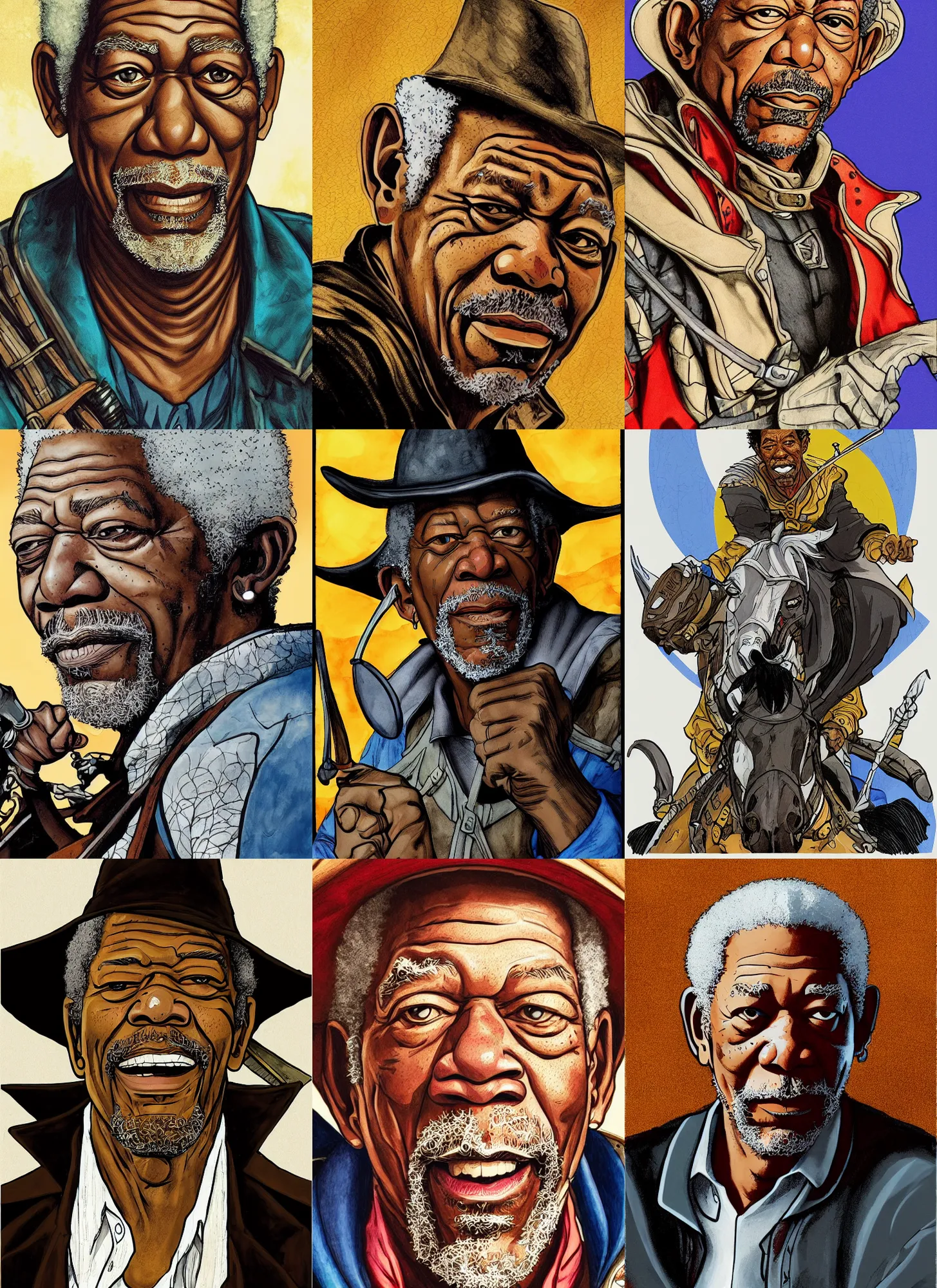 Prompt: portrait of morgan freeman as don quixote by ryan ottley and fiona staples, 1 6 th century spaniard, conquistador, intricate detail, cel shading, pixiv, cinematic, artstation