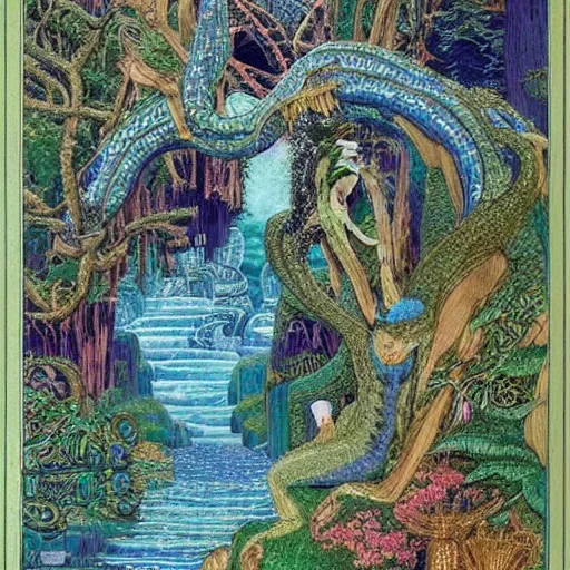 Prompt: a beautiful sorcerers serpent goddess in a magical kingdom nature and gold towers, magic gardens and waterfalls a bridge made out of oaks, beauty abundance and a by ida rentoul outhwaite