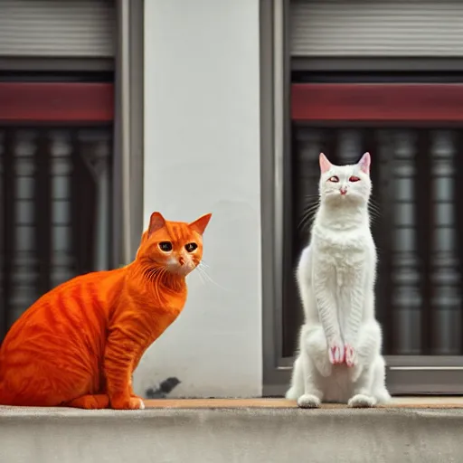 Image similar to an orange cat looking suspiciously at a white dog. photograph. digital art.