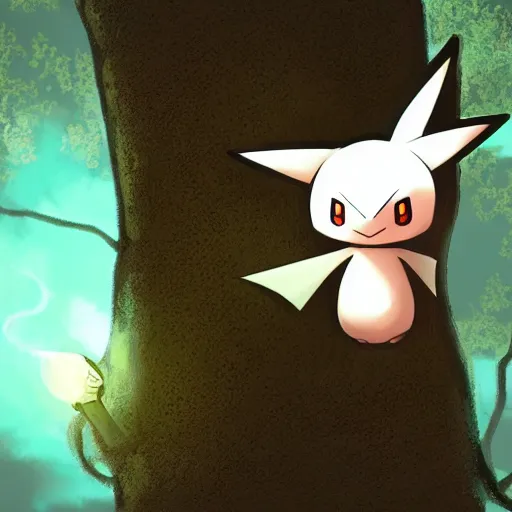 Prompt: a pokemon that looks like bat, bat hanging upside down in a tree, glowing like a light bulb, digital art. unreal engine.