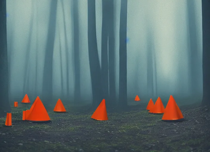 Image similar to a few orange safety cones in a beautiful strange forest, cinematic painting by james jean, atomspheric lighting, moody lighting, dappled light, detailed, digital art, limited color palette, wes anderson, 2 4 mm lens, surreal