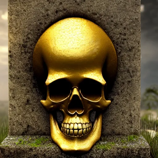 Image similar to medium shot of a skull made of solid gold sits on an abandoned gravestone, beautiful detailed intricate insanely detailed octane render, 8k artistic photography, photorealistic, unreal engine