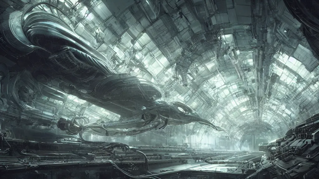 Image similar to a Photorealistic dramatic hyperrealistic,hyper detailed render of an Epic Sci-Fi, Gigantic Alien xenomorph spaceship inside huge interior hangar,intricate bio mechanical surface details in a top secret research facility,many tubes and cables hanging from the ceiling by Greg Rutkowski,Craig Mullins,ILM,Beautiful dynamic dramatic moody lighting,Volumetric,Cinematic Atmosphere,Octane Render,Artstation,8k