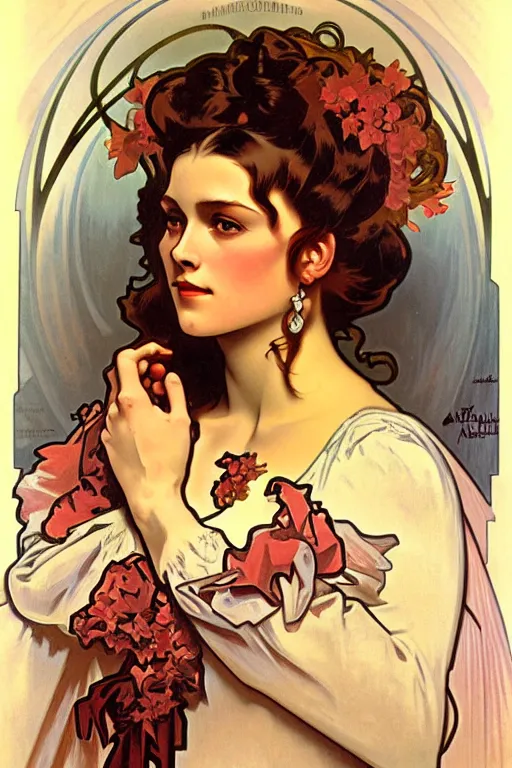 Image similar to scarlett o'hara, painting by alphonse mucha, detailed art, artstation