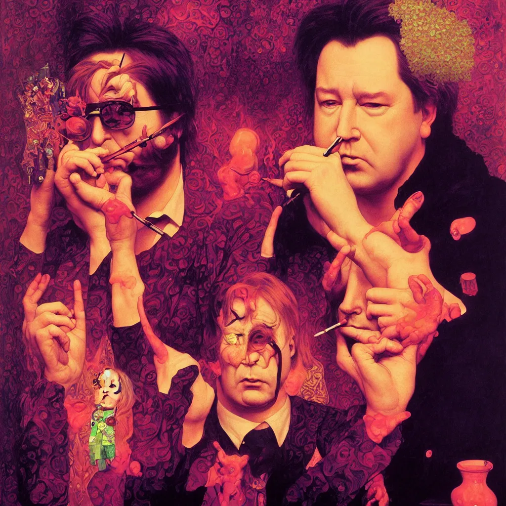 Image similar to weird and disturbing portrait of bill hicks smoking, vivid colors, neon, art by ( ( ( kuvshinov ilya ) ) ) and wayne barlowe and gustav klimt and artgerm and wlop and william - adolphe bouguereau