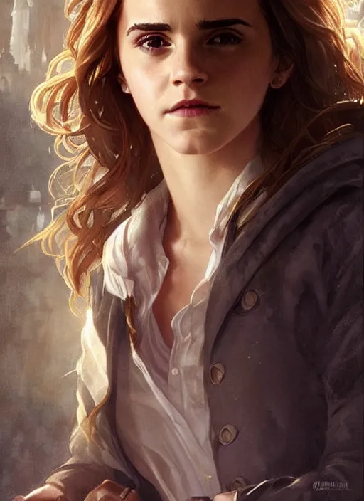 Image similar to emma watson as hermione granger at hogwarts!!!. beautiful detailed face. by artgerm and greg rutkowski and alphonse mucha