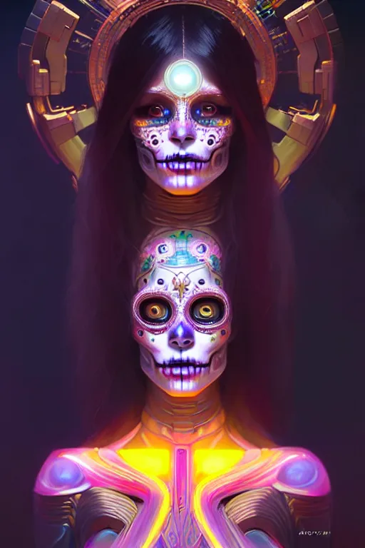 Image similar to ultra detailed female android deity, scifi, fantasy, octane render, unreal engine, dia de los muertos, asymmetrical intricate concept art, triadic color, art by artgerm and greg rutkowski and alphonse mucha, 8 k, artstation, cgstation, behance