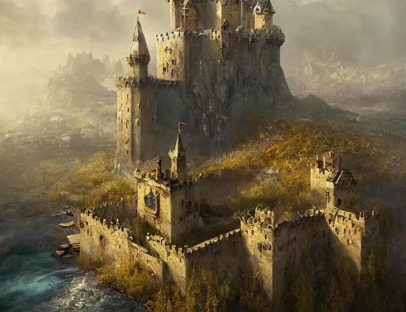 Image similar to High Fantasy solitary Castle!! on a plain near a river, Yellow roofs. Joyful matte painting by Darek Zabrocki and Emmanuel Shiu, 4k ultra detailed, great composition cinematic.