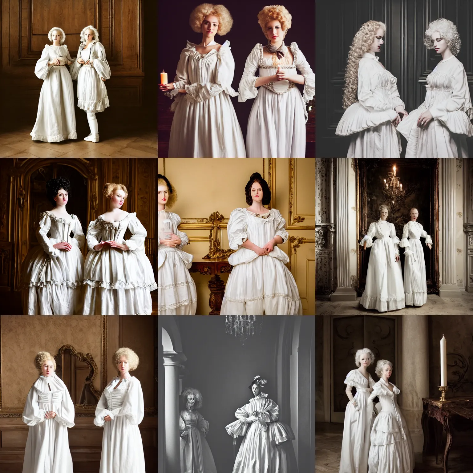 Prompt: beautiful fashion photograph of two women with 18. century white costumes and white big baroque curly wigs, standing in a hall, candle light only