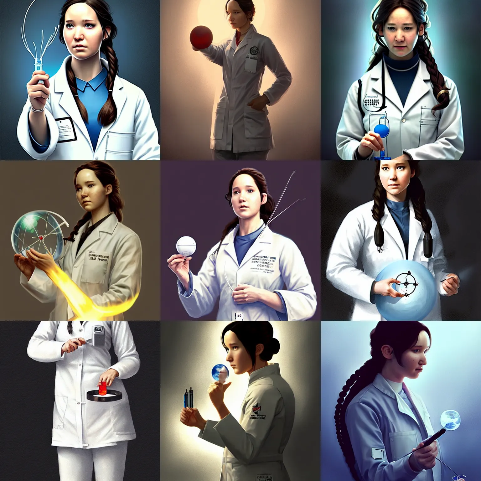 Prompt: a laboratory, ( ( ( ( ( katniss everdeen ) ) ) ) ) as a scientist, wearing a labcoat, is holding a tiny globe, digital art, greg rutkowski, artstation