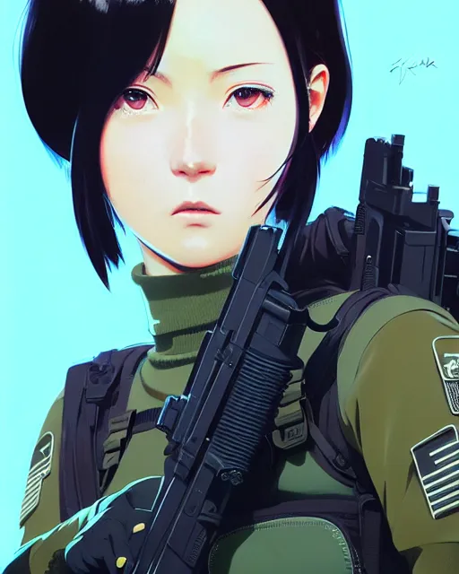 Image similar to girl wearing tactical gear, very anime, fine - face, audrey plaza, realistic shaded perfect face, fine details. anime. realistic shaded lighting poster by ilya kuvshinov katsuhiro otomo ghost - in - the - shell, magali villeneuve, artgerm, jeremy lipkin and michael garmash and rob rey