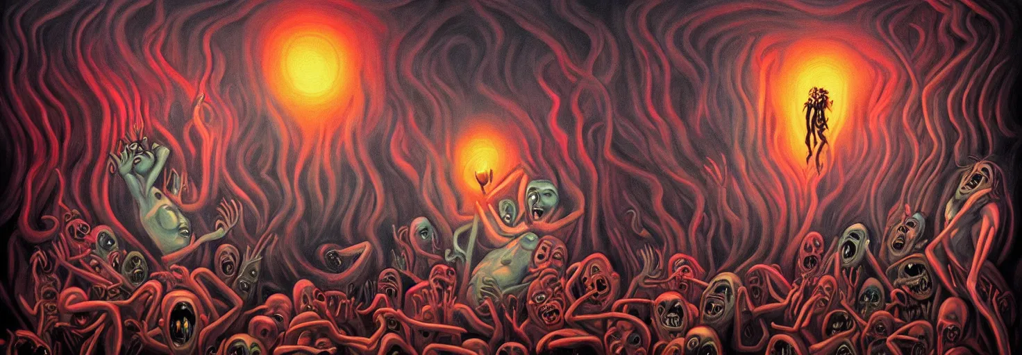 Image similar to visceral freaky obsessive monsters from the darkest depths of collective unconscious, dramatic glowing lighting, 1 9 3 0 s fleischer cartoon characters, wild emotional expressions - surreal painting by ronny khalil