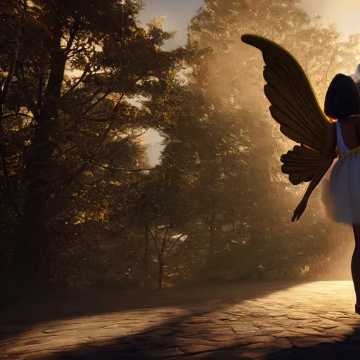 Prompt: angel fairy flying away from the camera, award winning trending on artstation unreal engine