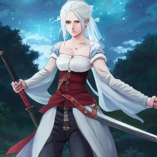 Image similar to anime portrait of ciri from the witcher dressed as a bride, in the background you can see the milky way. official art, key visual, studio lightning, very detailed bd cover, Studio Ghibli, hyperrealistic, artstation H 768