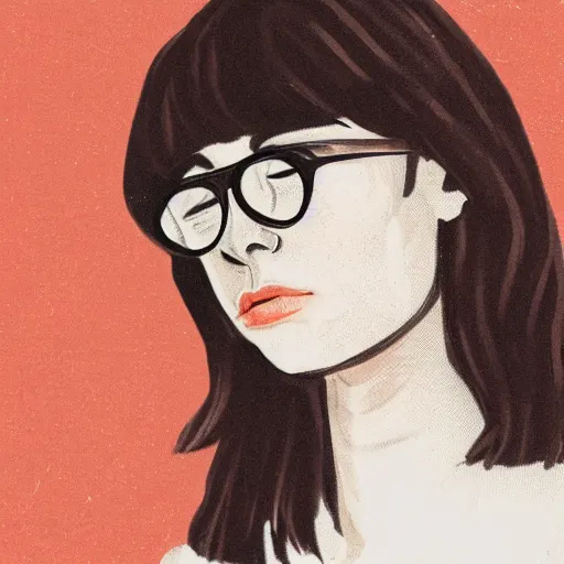 Prompt: portrait of a young white woman, brown hair and bangs, a slightly big nose, slightly big buy soft jaw, round glasses