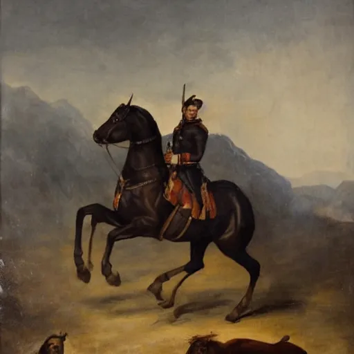 Image similar to large portrait oil on canvas of a man mounted on horseback black while raising a sword with his right hand pointed north, behind him in the vast distance 1 0 0 0 0 warriors can be seen fighting with swords and muskets, low light, cloudy, mountains in the foggy background,