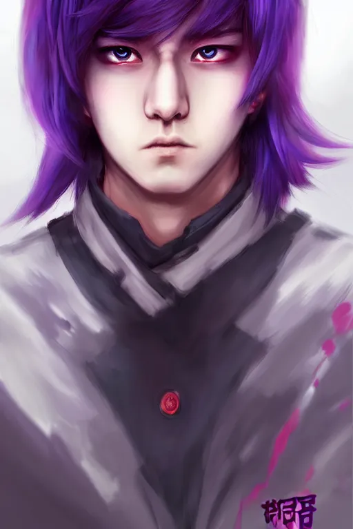 Image similar to gorgeous!!! hyper - realistic teenager boy with purple hair, purple eyes with red eye markets, wearing combat japanese clothes, holding a fan | drawn by wlop, drawn by jeehyung lee, drawn by artgerm | intricate, highly detailed, digital painting, character design, concept art, illustration, artstation