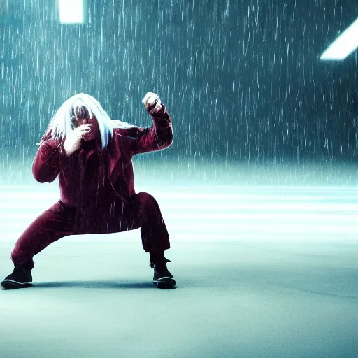 Image similar to Billie Eilish fighting Elon Musk, cinematic, 4k, dramatic lighting, realistic, raining, futuristic, busy, dynamic perspective