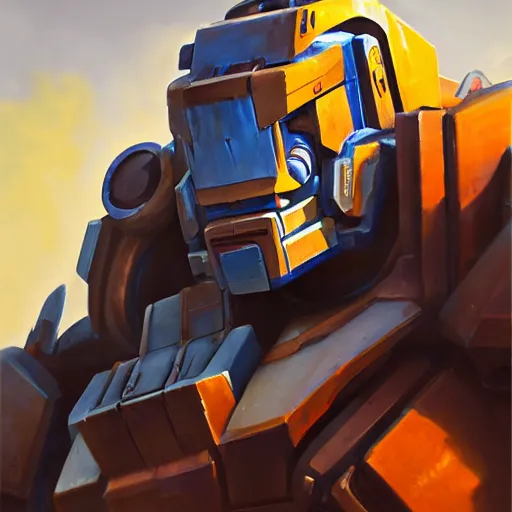 Image similar to greg manchess portrait painting of optimus prime the transformer as overwatch character, medium shot, asymmetrical, profile picture, organic painting, sunny day, matte painting, bold shapes, hard edges, street art, trending on artstation, by huang guangjian, gil elvgren, ruan jia, greg rutkowski, gaston bussiere