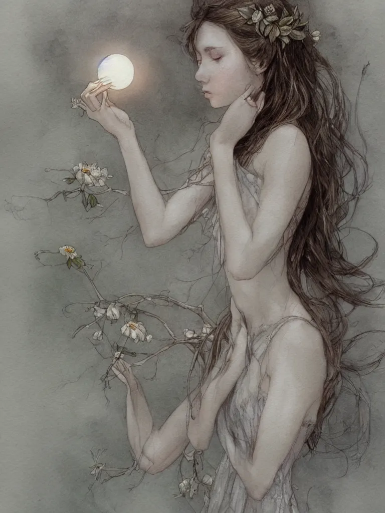 Image similar to study of a flower fairy, holding glowing white orb in hands, illustration, watercolor, alan lee, detailed, pretty, ethereal, realistic, refined, beautiful, artstation,