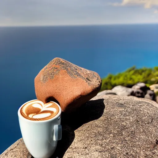 Image similar to a latte on a rock, at the edge of a cliff, with magma surrounding