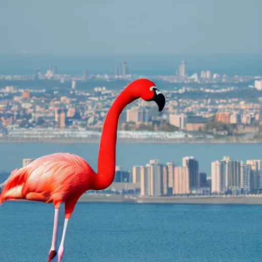 Image similar to photo of a giant colossal flamingo in the distant horizon beyond city skyline