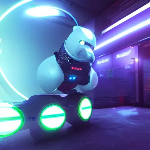 Image similar to a cybertronic duck, metallic, glowing eyes, neon unreal engine