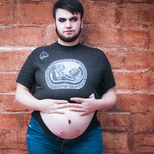 Prompt: a young goth man with a heavily pregnant belly in a t shirt and jeans