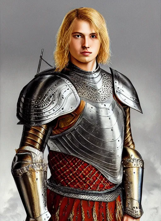 Image similar to oilpainting of a handsome young knight with a beautiful face and clear skin, long blond hair, wearing an intricate and detailed plate armor, no helmet, high resolution, clear image, digital art, studio photo, 4 k, clear lines, artstation, rendition by jan van eyck