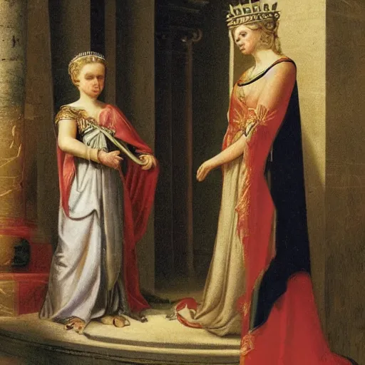 Prompt: young blonde girl coronated as roman empress