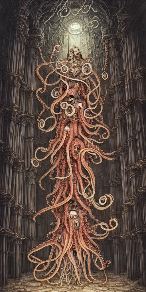 Image similar to group of mankind mages with octopus heads a lot of jellyfish floating around inside an ancient mage castle hall colossal scale, gothic and baroque, brutalist architecture, ultradetailed, Intricate by Ellen Jewett and Josan Gonzalez and Giuseppe Arcimboldo