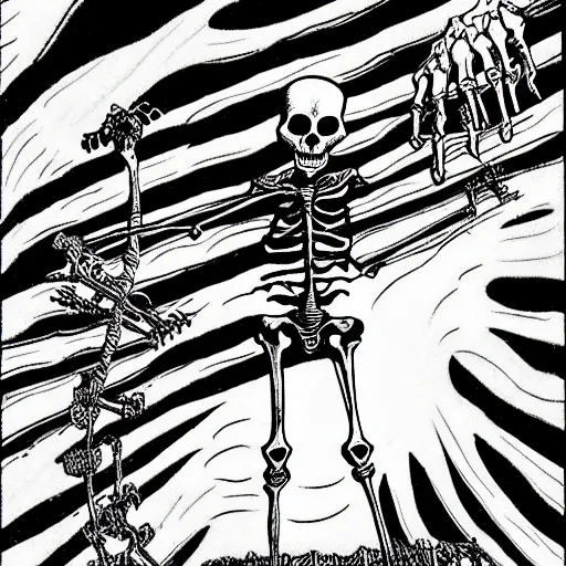 Prompt: black and white trippy comic art of a skeleton as death the grim reaper, lots of particles, drawn by Martin Rowson, salvador dali, Tim Burton, Studio Ghibli, Alex Pardee, Nekro Petros Afshar, James McDermott, cgsociety 4K