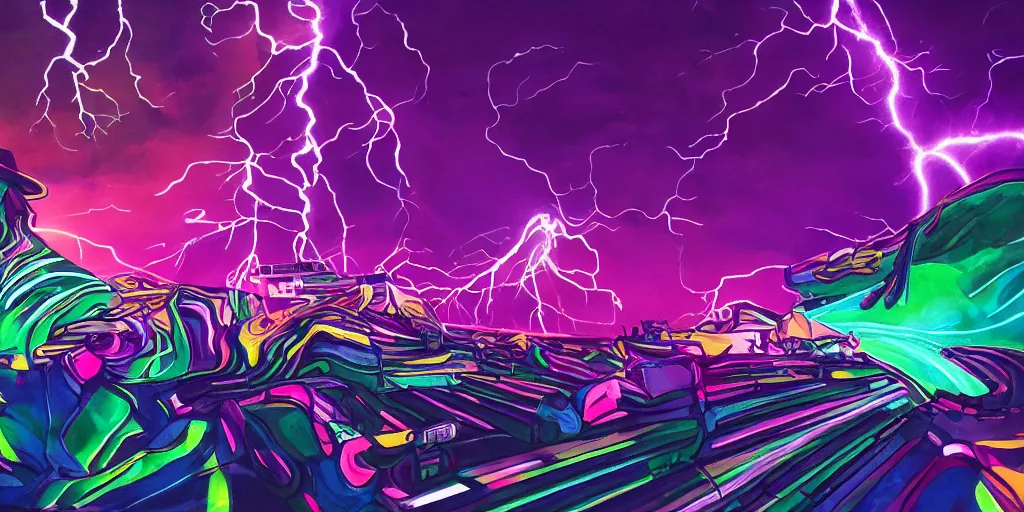 Prompt: Lightning strikes while rapper performs on stage, psychedelic light show, digital art, vapor wave, hip hop, surreal, trending on Artstation, professional artist, detailed, 4k