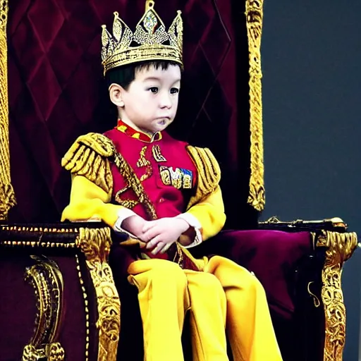 Prompt: little boy, prince sit on the throne chair in the throne room. he wear casual kings clothes and have crown on his head. guards protect him.