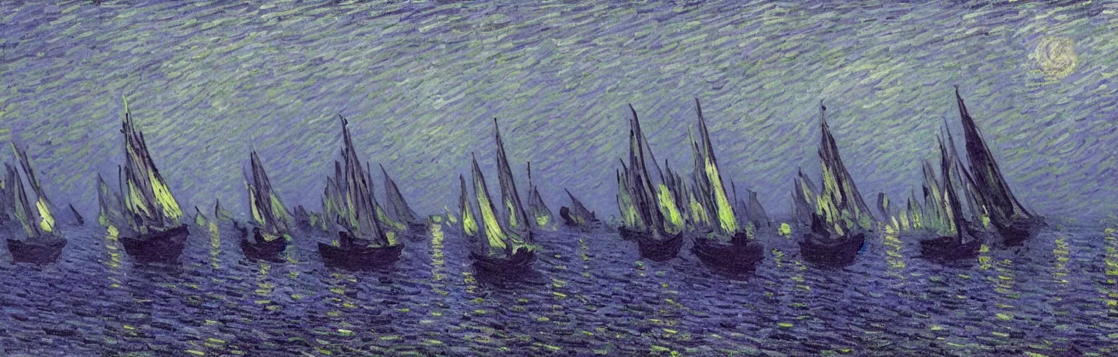 Image similar to An aesthetically pleasing, dynamic, energetic, lively, well-designed digital art of the sailboats on the ocean at night in a low mist, light and shadow, chiaroscuro, by Claude Monet and Vincent Van Gogh, superior quality, masterpiece, excellent use of negative space. 8K, superior detail.