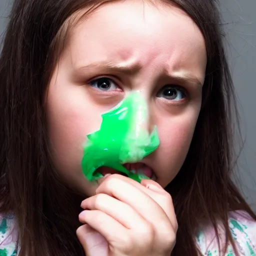 Prompt: a little woman living inside of a nose covered in snot