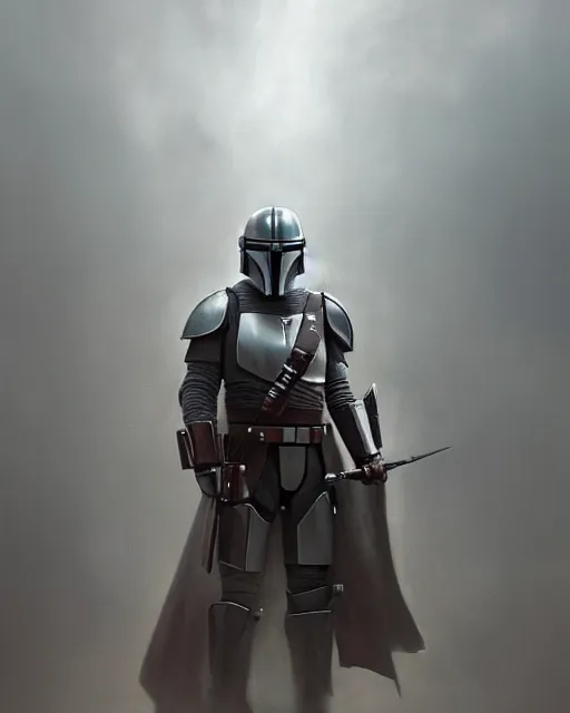 Image similar to Hyper realistic painting of a man in a suit of full plate armor, armor from the mandalorian, dark fantasy, fantasy armor, hyper detailed, by greg rutkowski, surrounded by dark fog, trending on artstation