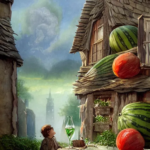 Image similar to sprite soda and watermelon, a detailed matte painting by anton pieck, deviantart contest winner, fantasy art, concept art, official art, matte drawing