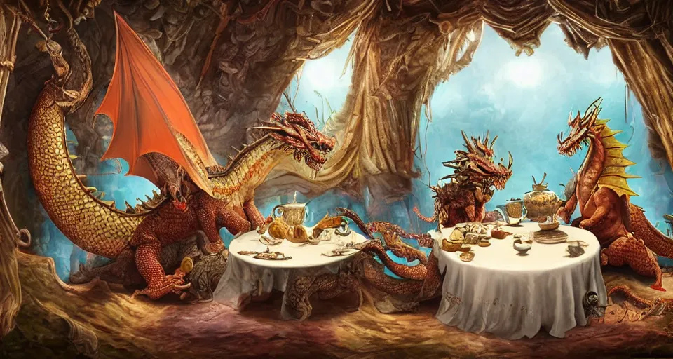 Prompt: A huge dragon having tea with his captive princess in his treasure-laden lair, digital art, detailed