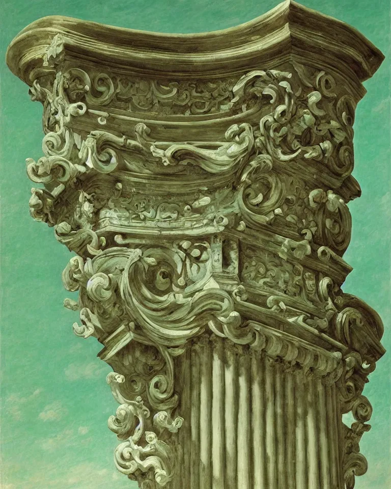 Image similar to achingly beautiful painting of intricate ancient roman corinthian capital on jade background by rene magritte, monet, and turner. giovanni battista piranesi.