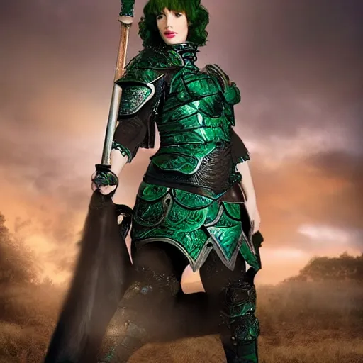 Image similar to long shot photo of Christina Hendricks as a warrior with malachite armour