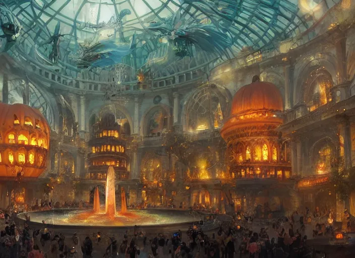 Prompt: A bustling beautiful city on the sea floor inside a glass dome during halloween, anime, fountain, statue, underwater, rapture, fish flying over head, godrays, a fantasy digital painting by Greg Rutkowski and James Gurney, trending on Artstation, highly detailed